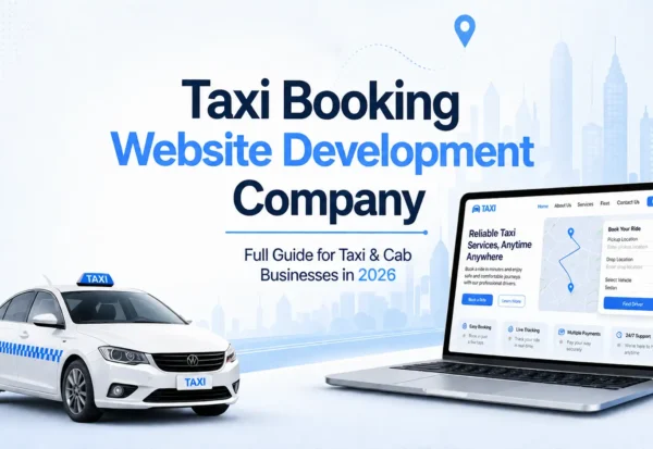 Taxi Booking Website Development Company banner showing a custom taxi booking website with responsive cab booking software and online taxi booking platform.