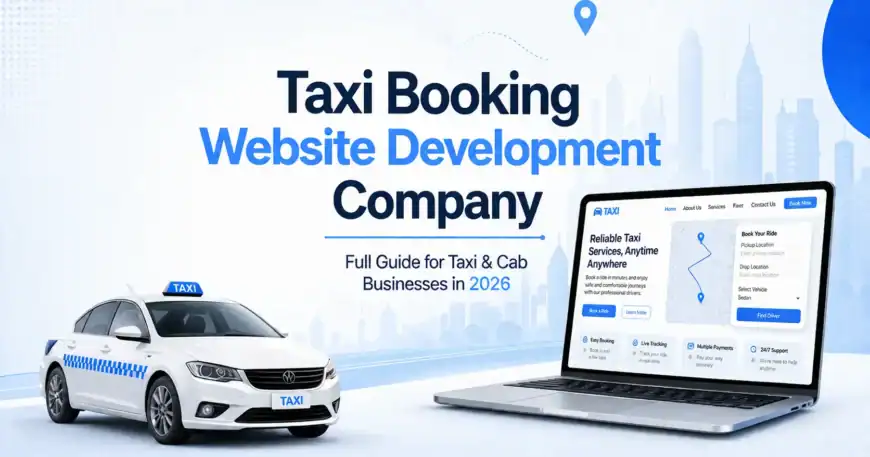 Taxi Booking Website Development Company banner showing a custom taxi booking website with responsive cab booking software and online taxi booking platform.